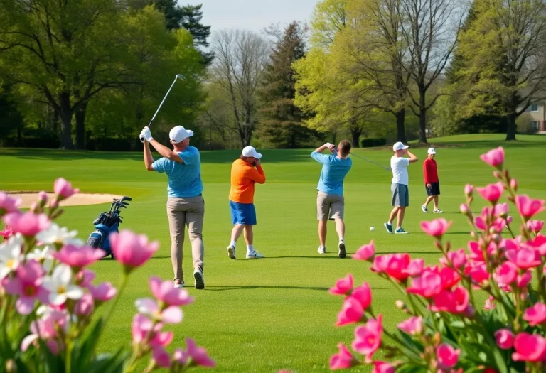 Students practicing golf swings on a sunny spring day