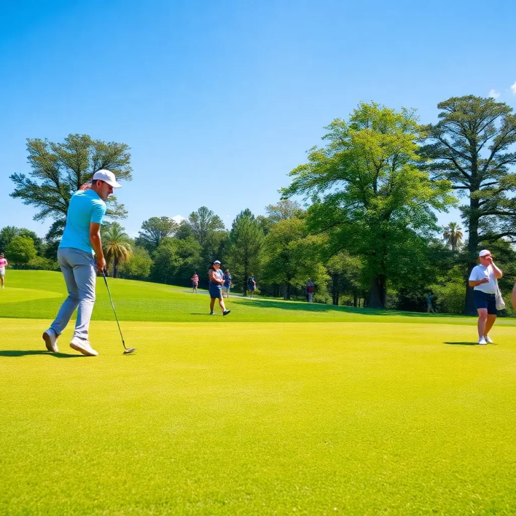 Golf course with players participating in a charity tournament to support local running camp.