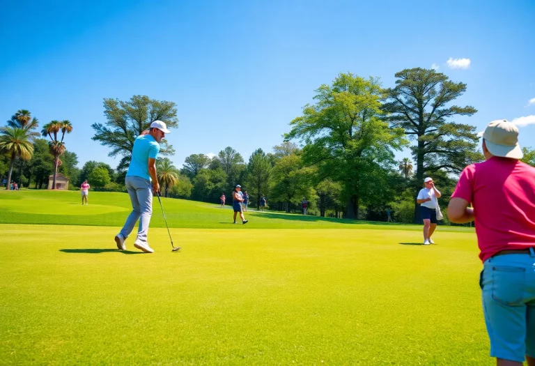 Golf course with players participating in a charity tournament to support local running camp.