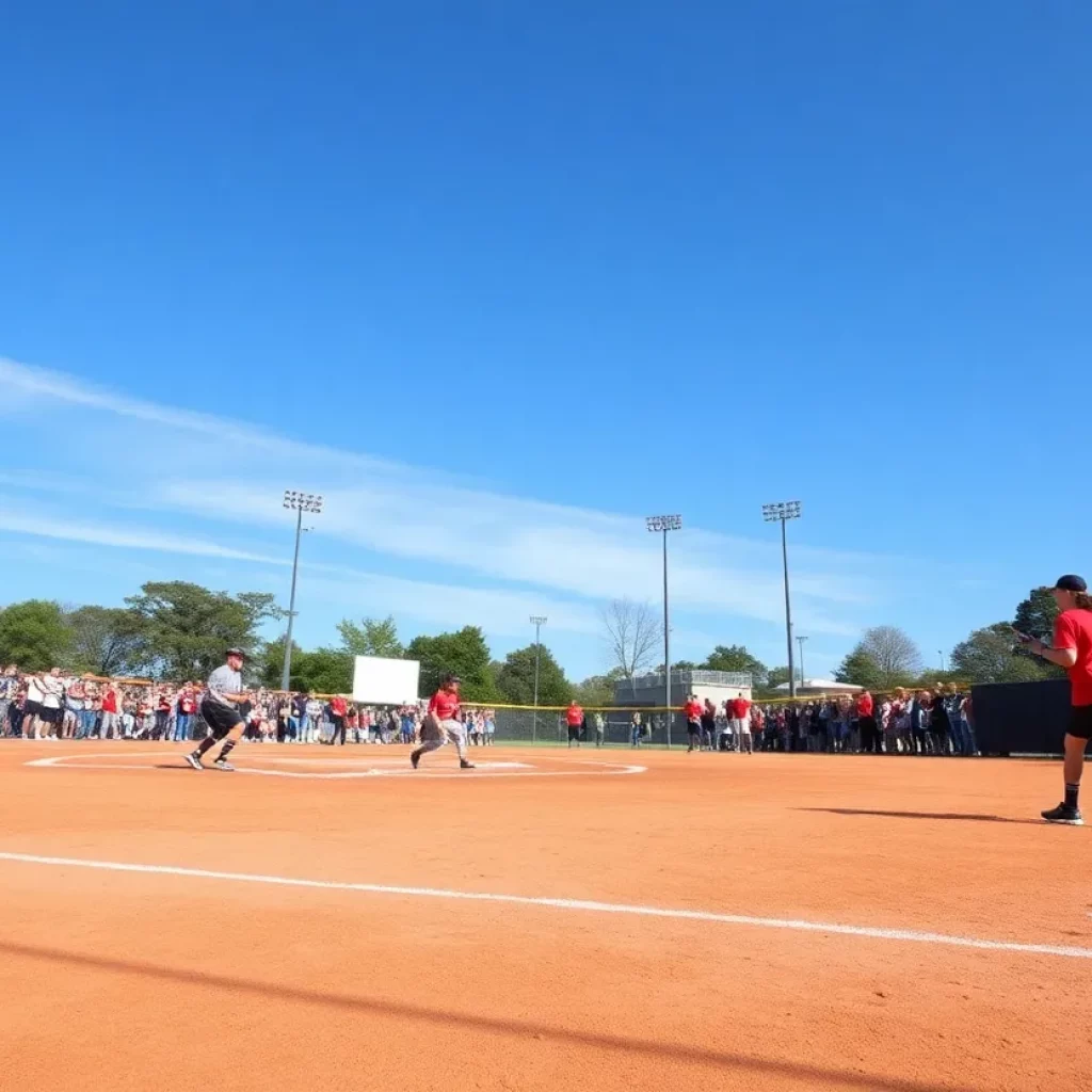 High school softball players in action on the field with spectators cheering.