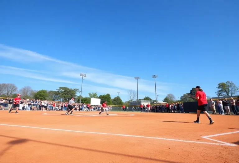 High school softball players in action on the field with spectators cheering.