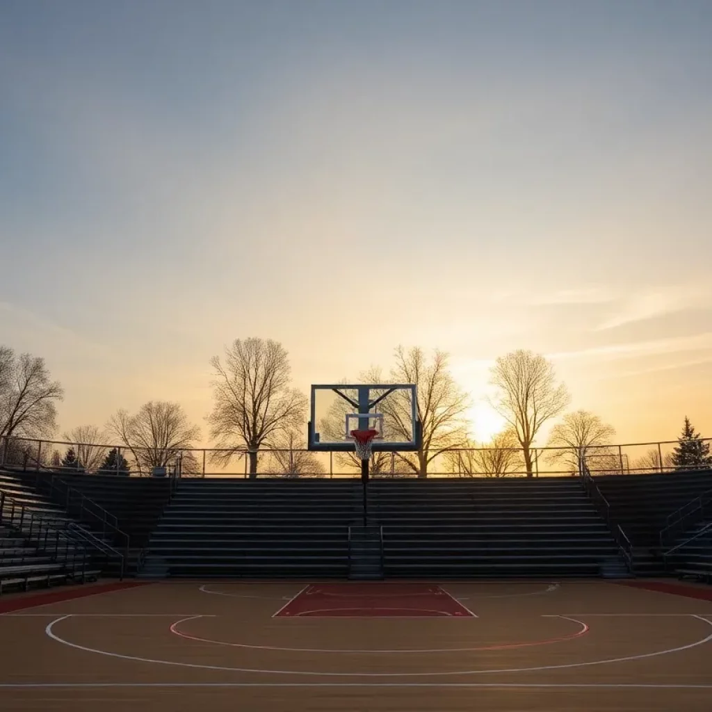 Empty basketball court at Greenville High School with sunset.