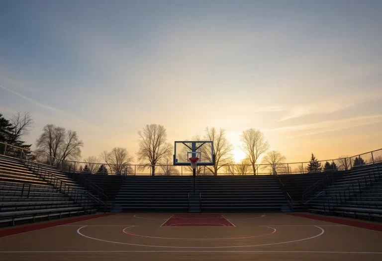 Empty basketball court at Greenville High School with sunset.