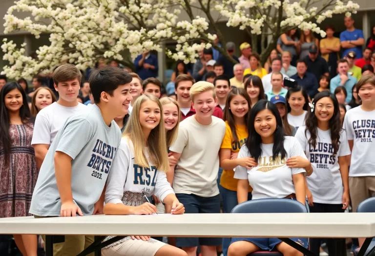 Celebration of student athletes during spring signing ceremony at Hastings High School