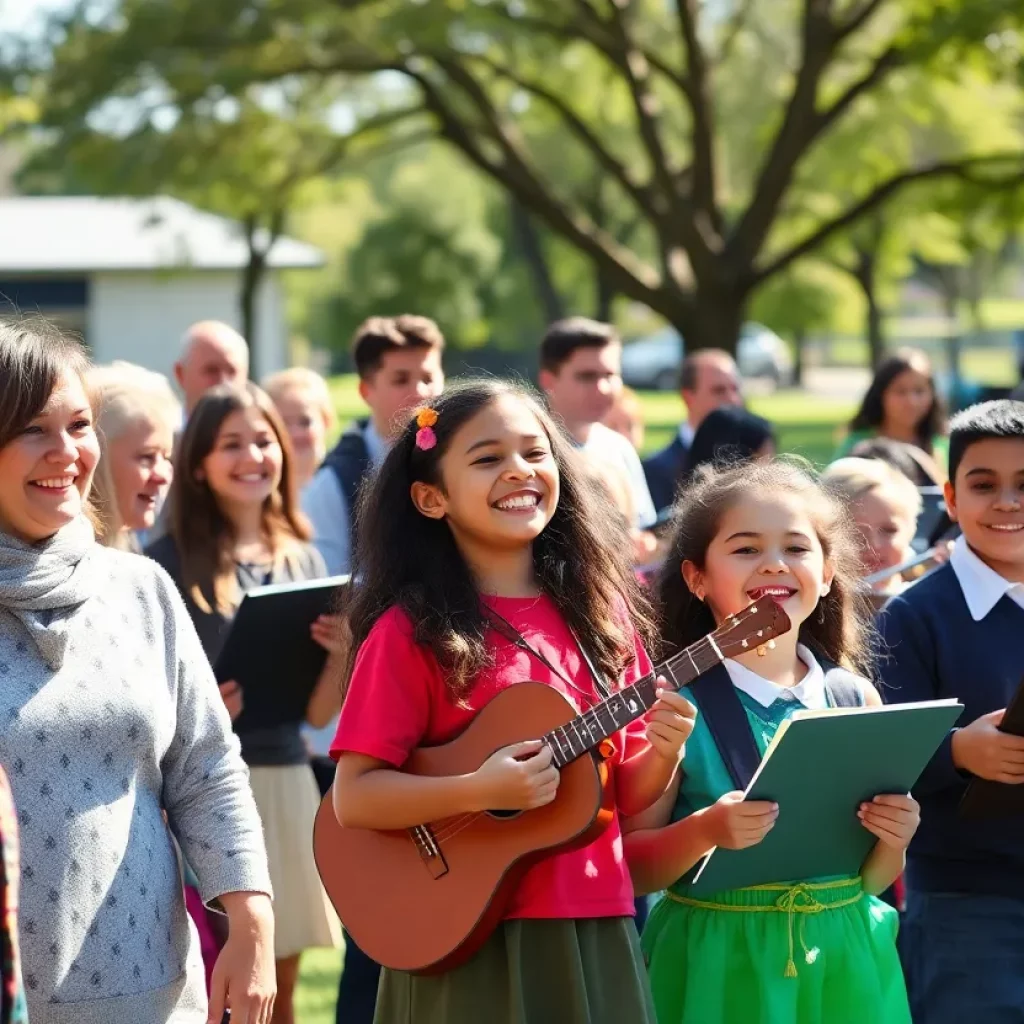 Families and students at a Healdsburg community event celebrating school achievements.