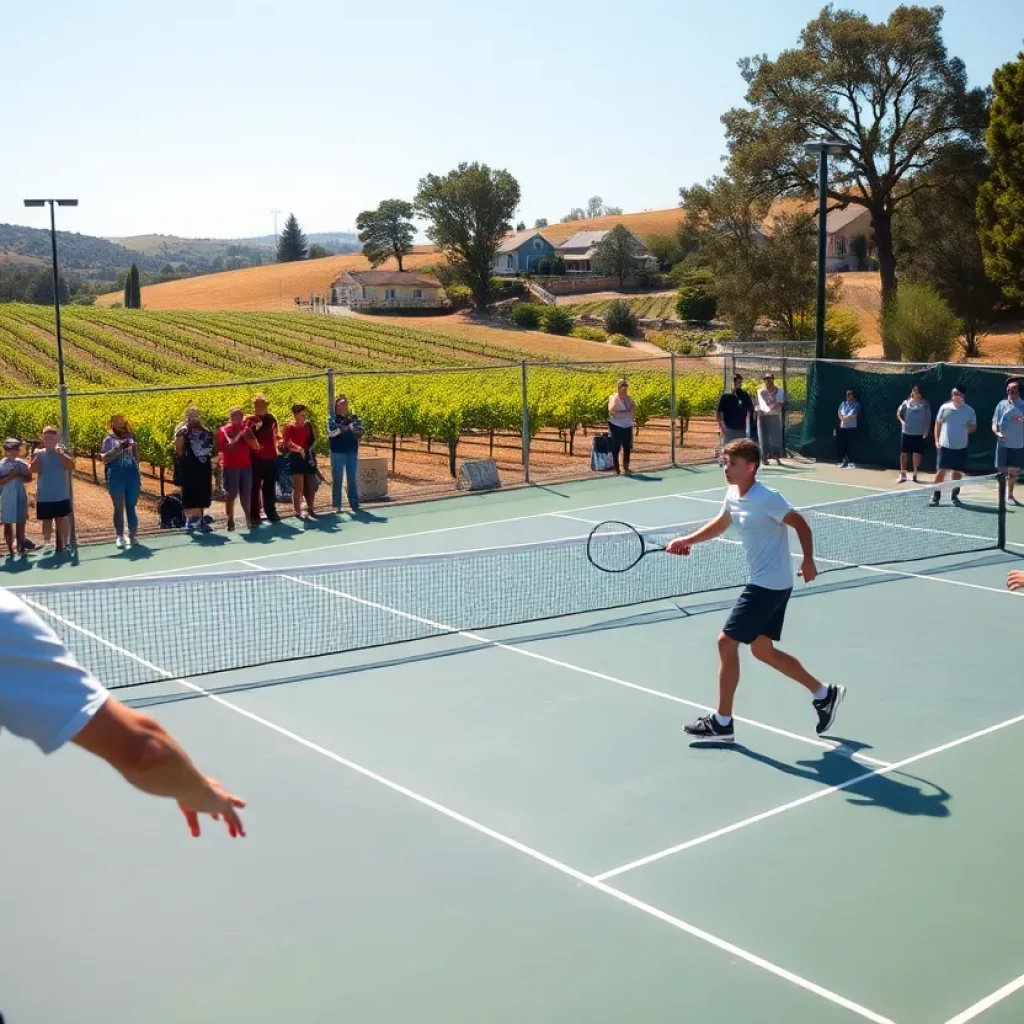Boys tennis match at Healdsburg High School with players competing and fans cheering.