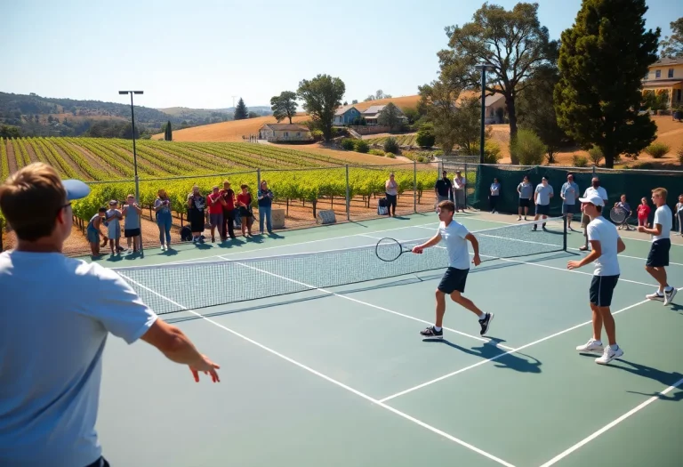 Boys tennis match at Healdsburg High School with players competing and fans cheering.