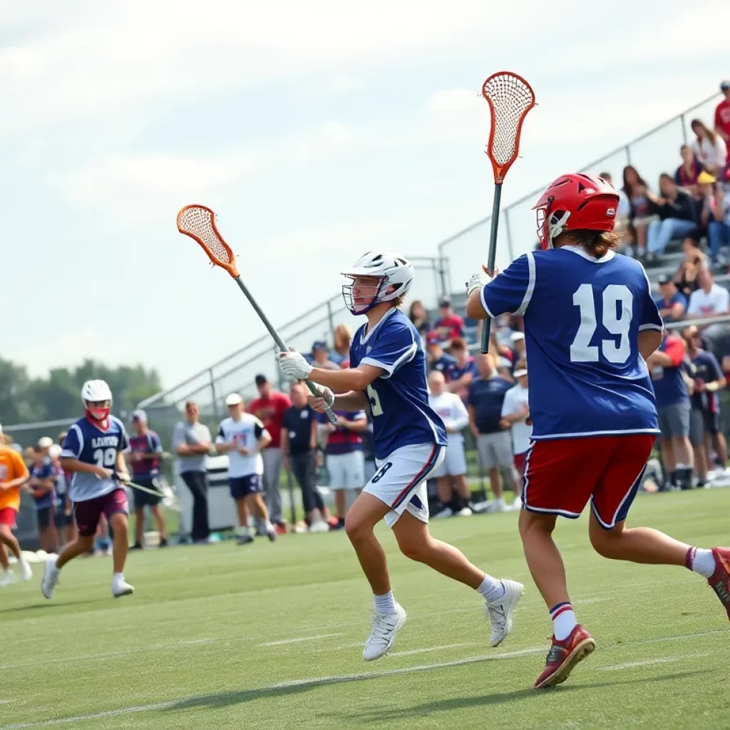 Boys lacrosse players from Heights School competing in a game