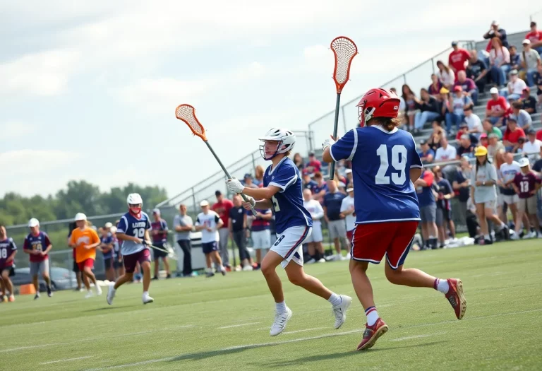 Boys lacrosse players from Heights School competing in a game