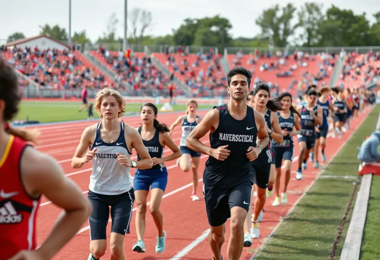 Athletes competing in a high school track and field meet at Missoula County Public Schools Stadium.