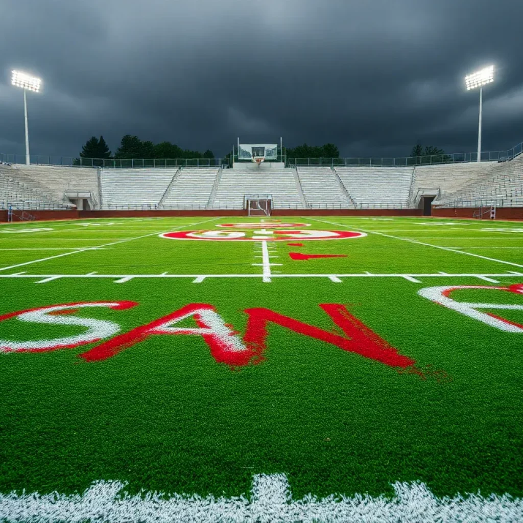 Vandalized football field with spray paint on turf.
