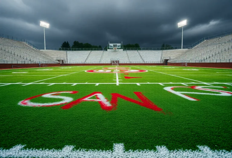 Vandalized football field with spray paint on turf.