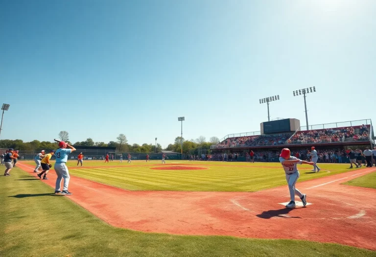 Action shot of a high school baseball game in progress with players and spectators.