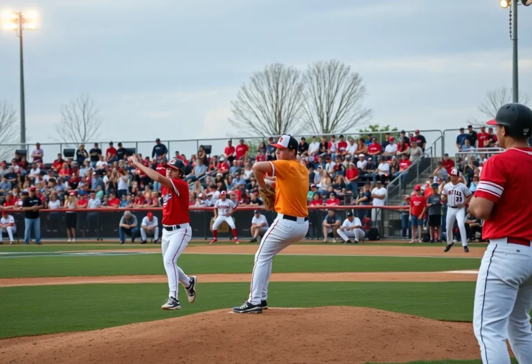 Young baseball pitchers on the mound during a game