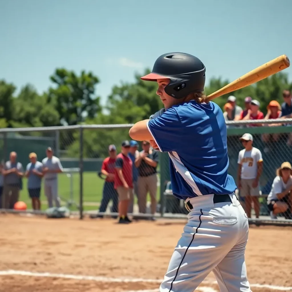 High school baseball player swinging bat at baseball field