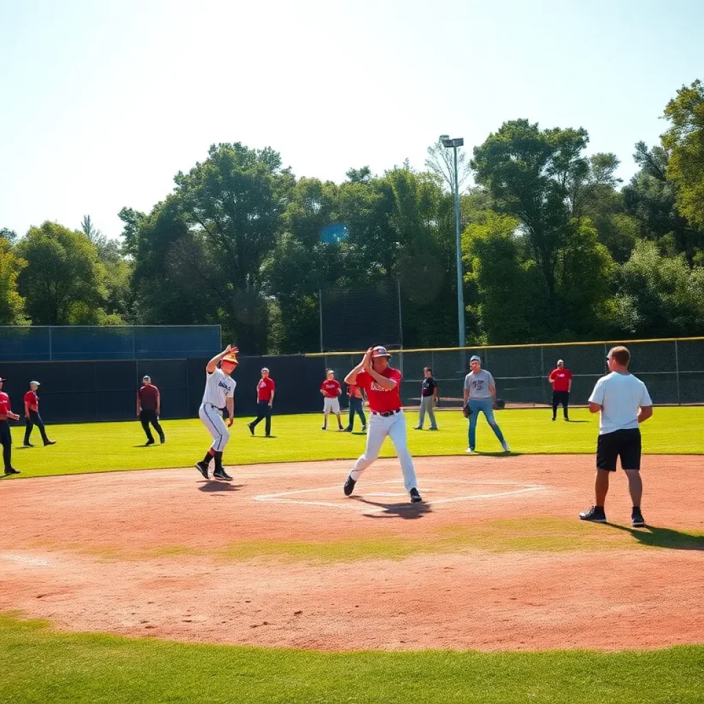 High school baseball players practicing on a sunny day on the field.