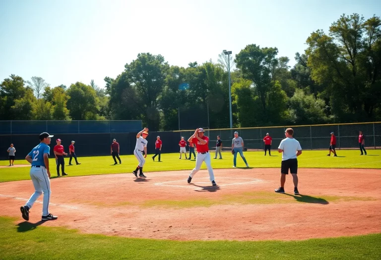 High school baseball players practicing on a sunny day on the field.