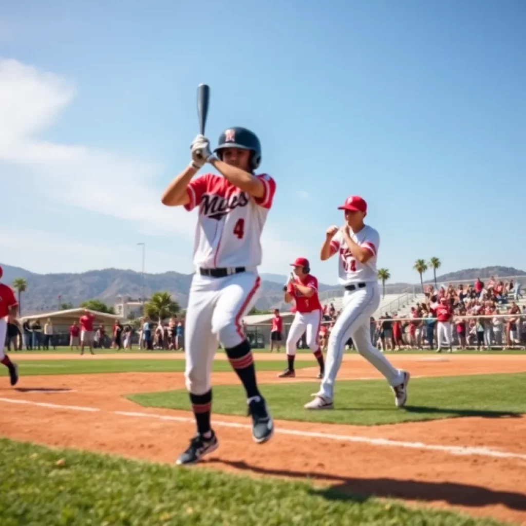 High school baseball players on the field during a game.