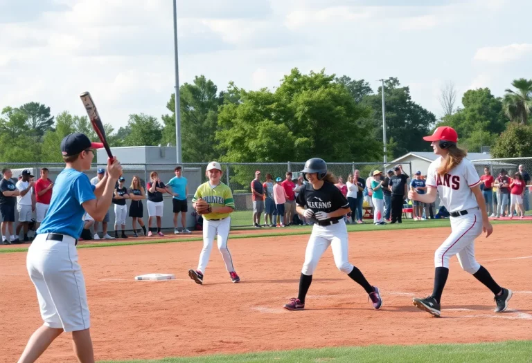 Players in action during a high school baseball and softball game at night.