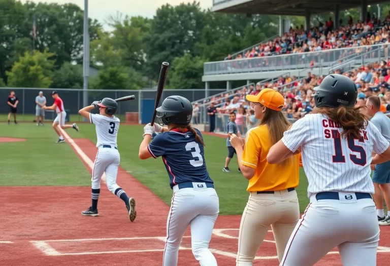 Players competing in a high school baseball and softball match with fans cheering