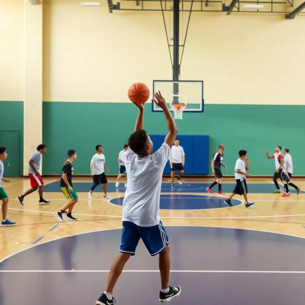 High school basketball players practicing on the court