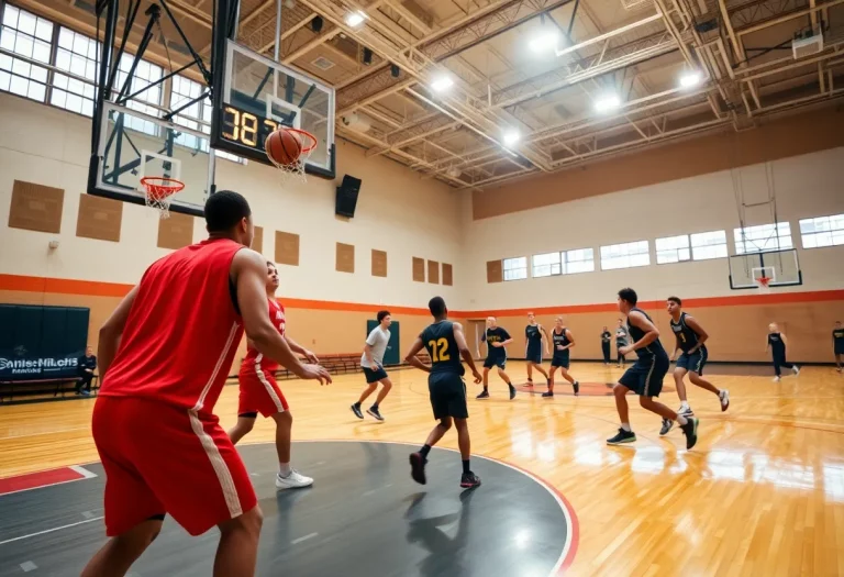 High school basketball players in action with a shot clock in view