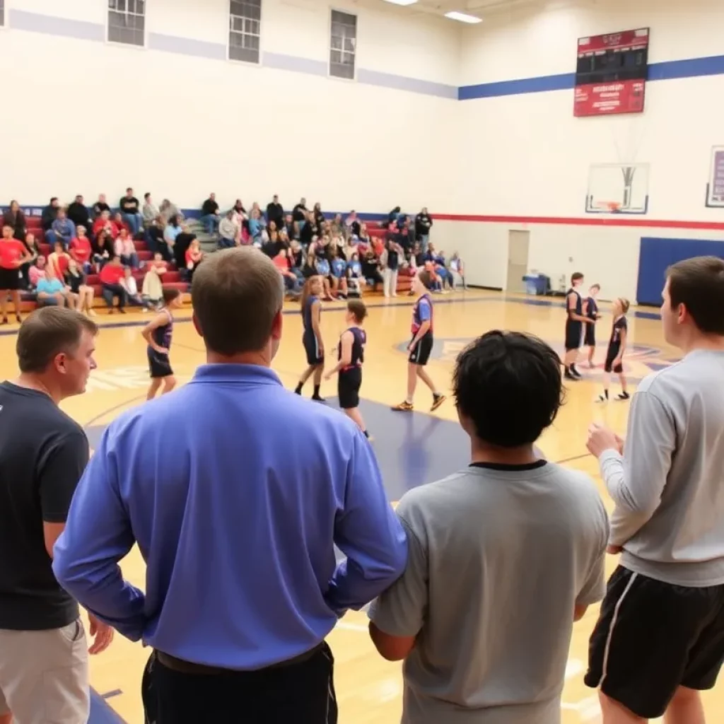 High school basketball court with players and coaches