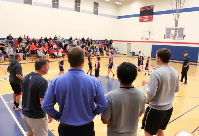 High school basketball court with players and coaches