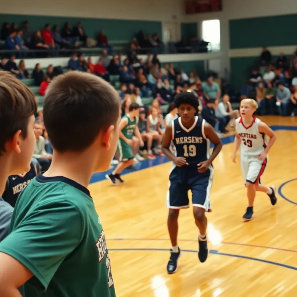 High school basketball players competing in a game
