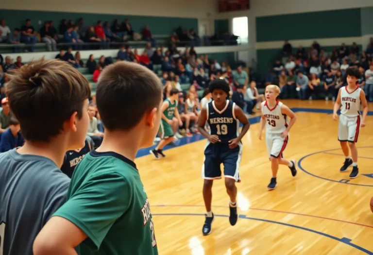 High school basketball players competing in a game