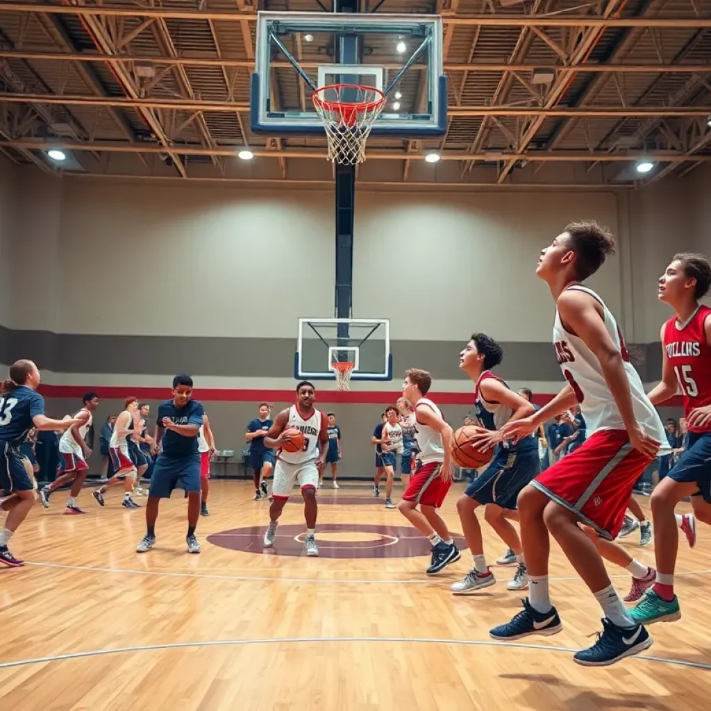 High school basketball players competing on the court