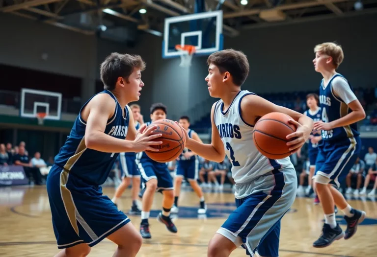 An intense moment during a high school basketball game showing players in action.