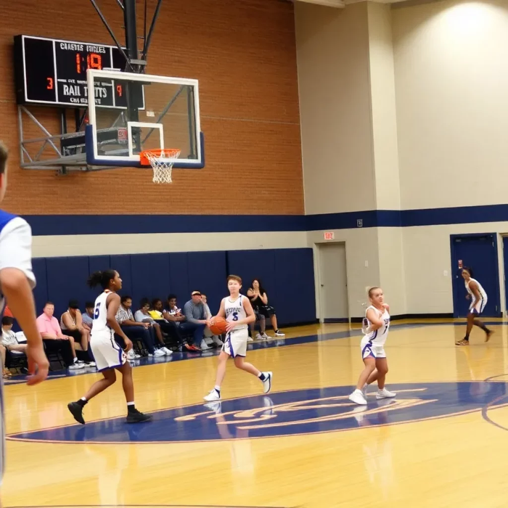 Players in a high school basketball game with a shot clock