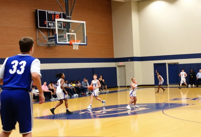 Players in a high school basketball game with a shot clock