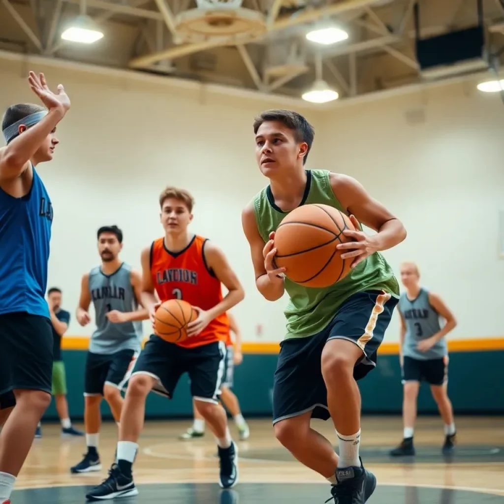 High school basketball players training on the court