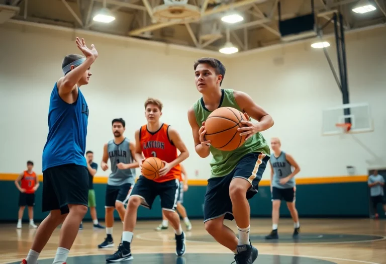 High school basketball players training on the court