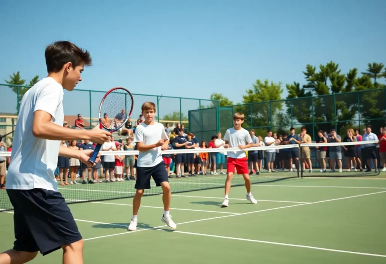 High school boys tennis players in action