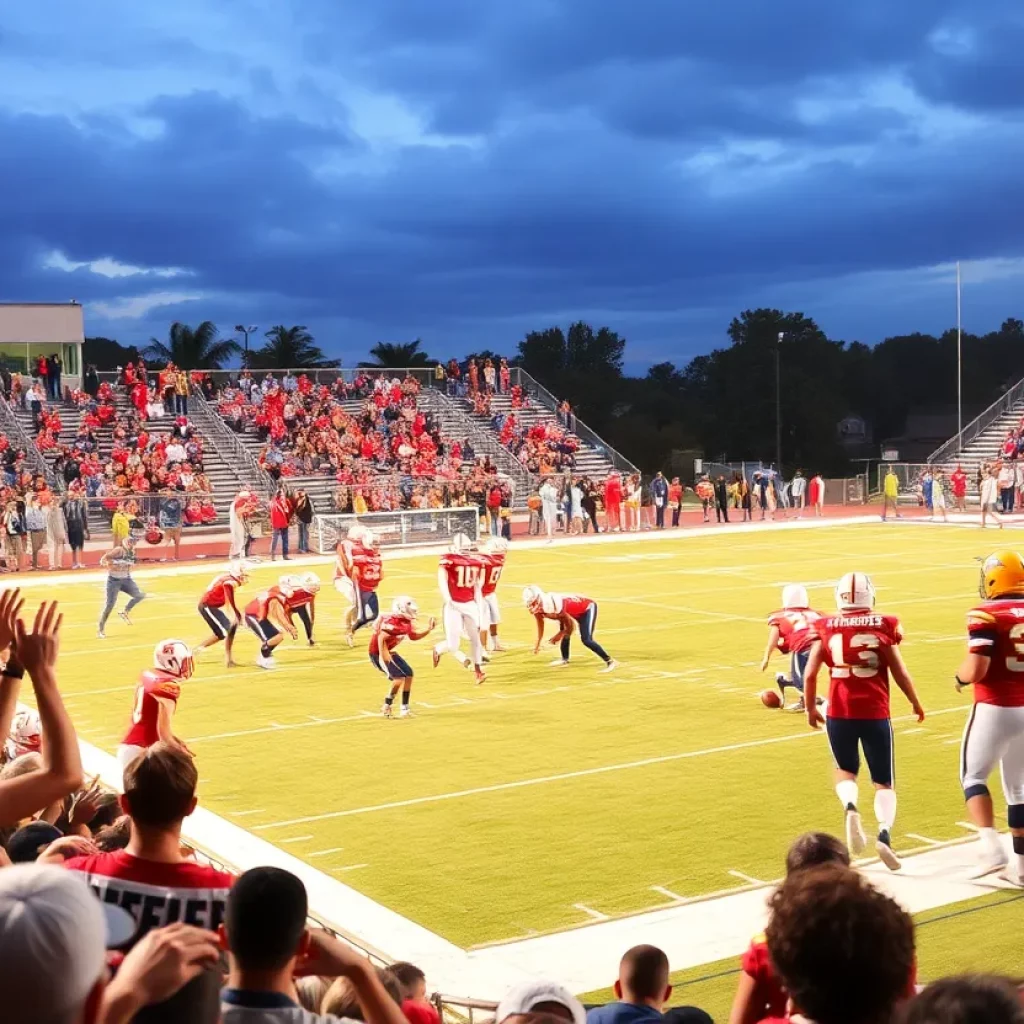 High school football players in action on a field
