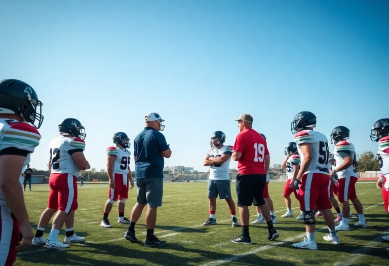 High school football coaches working with players on the field