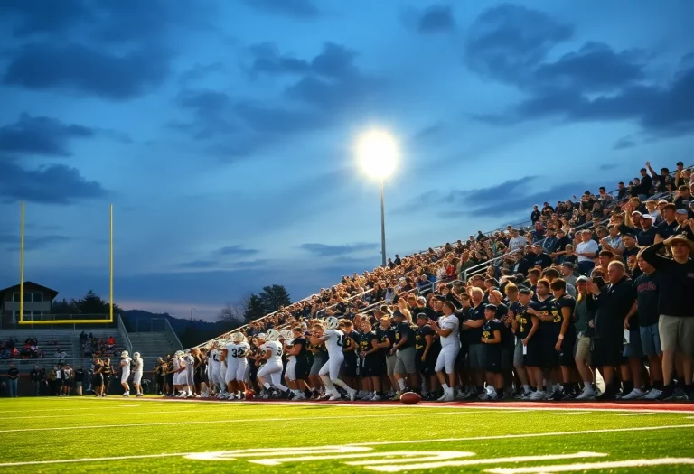 An exciting high school football game taking place at night, with bright stadium lights illuminating the field.