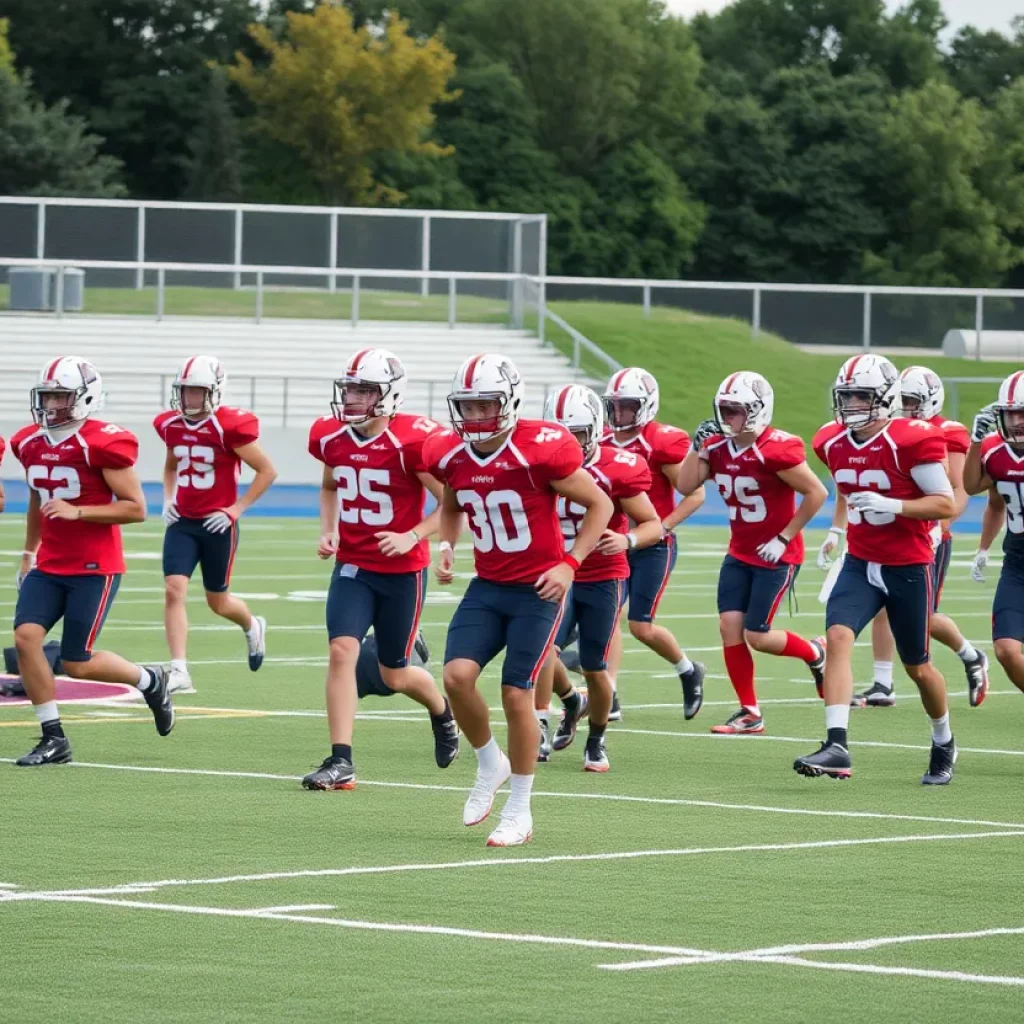 High school football players practicing on the field.