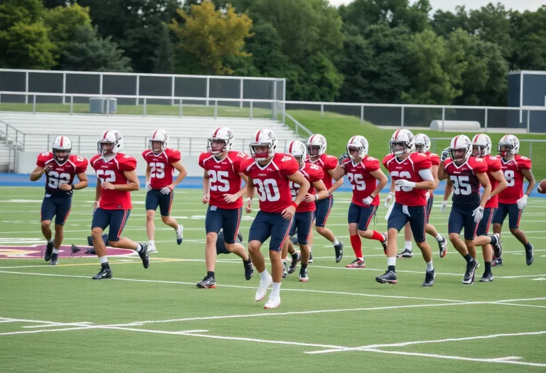 High school football players practicing on the field.
