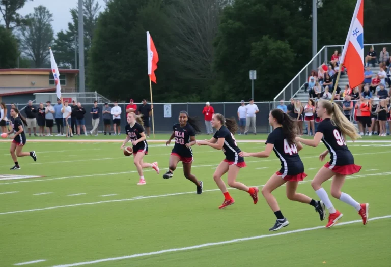 Girls participating in a flag football game at Washburn High School in Minnesota.