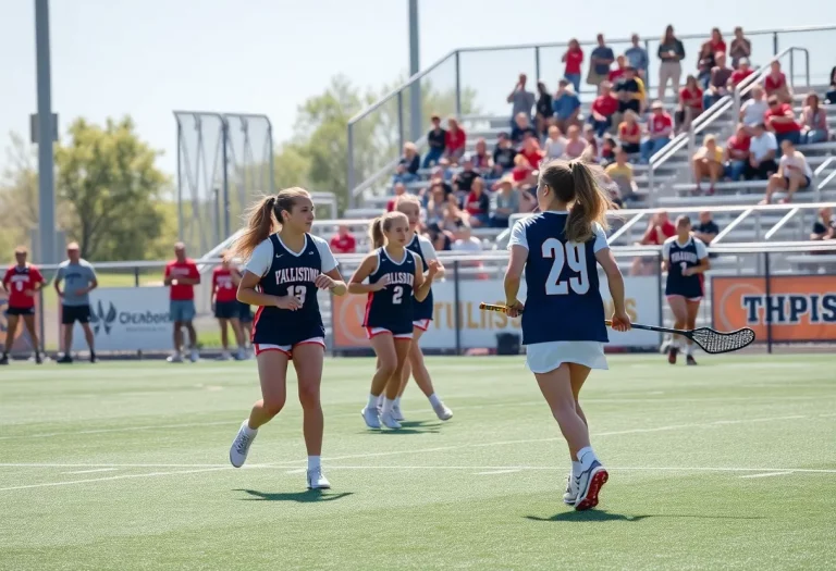 High school girls playing lacrosse on a field with fans cheering
