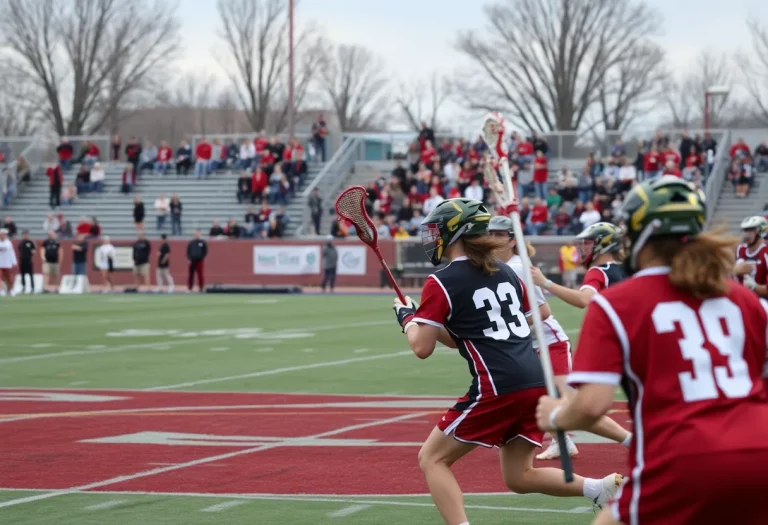 High school lacrosse players competing on the field