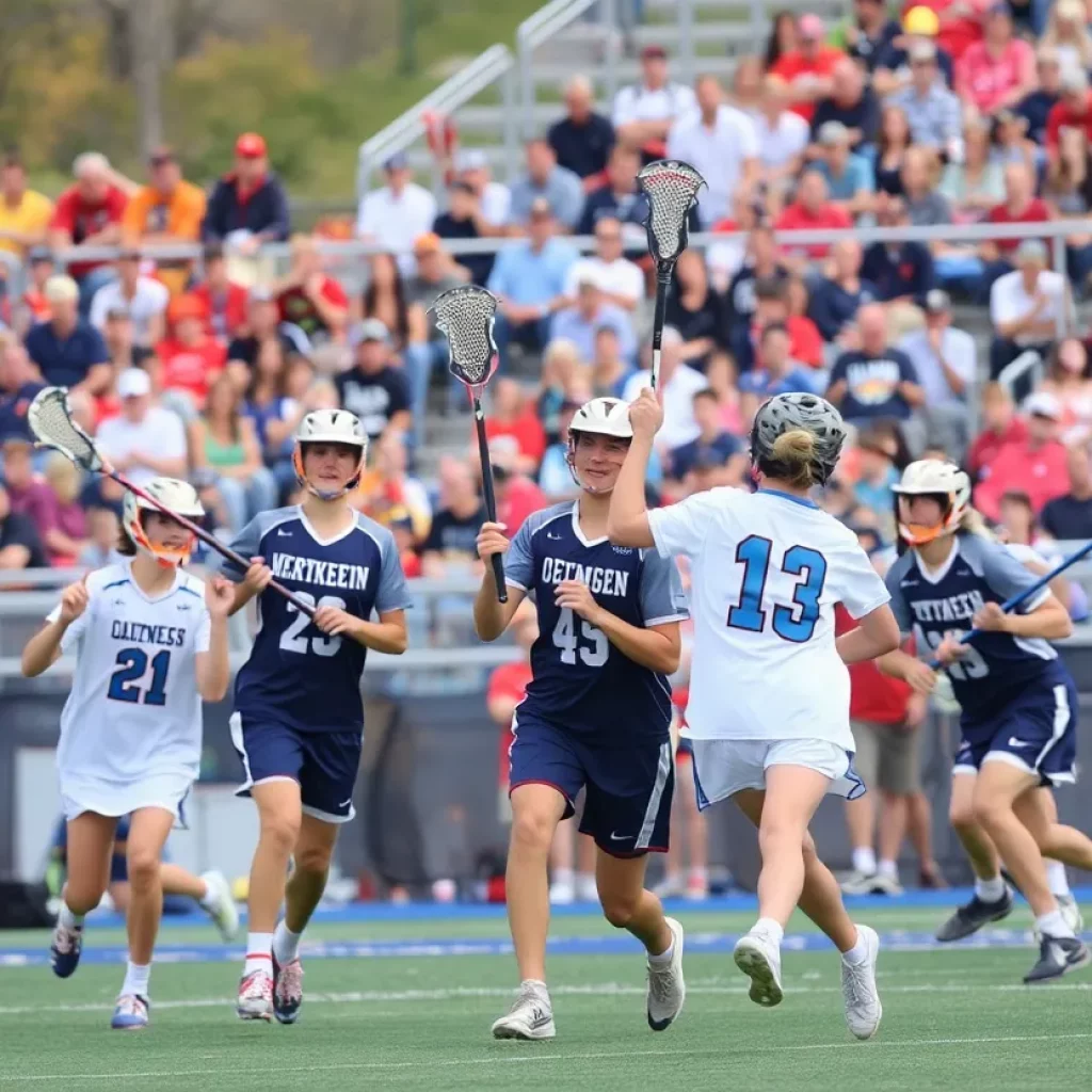 Players in a lacrosse game showing teamwork and excitement