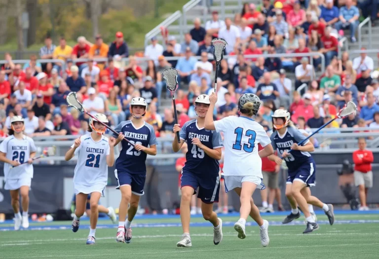Players in a lacrosse game showing teamwork and excitement