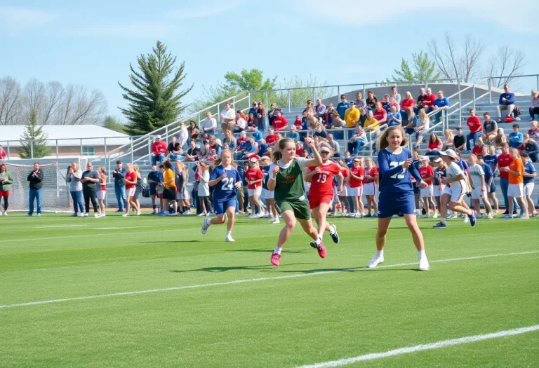Players competing in a high school lacrosse match with fans cheering in the background.