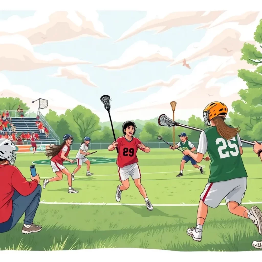 Illustration of a high school lacrosse game featuring players in action and an engaged crowd.