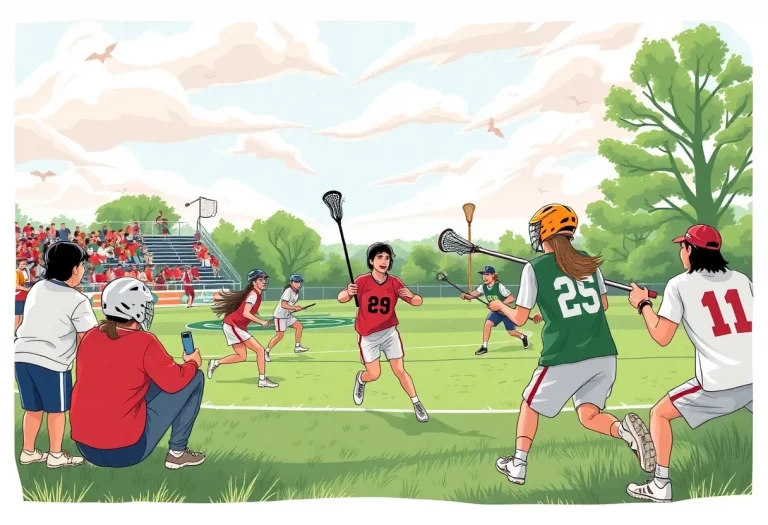 Illustration of a high school lacrosse game featuring players in action and an engaged crowd.